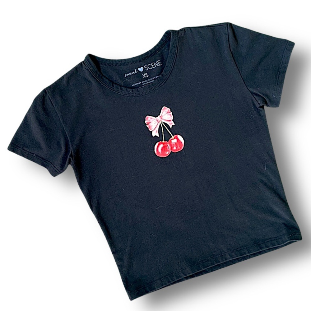 Social Scene Black Short Sleeve Tee with Pink Bow & Red Cherry